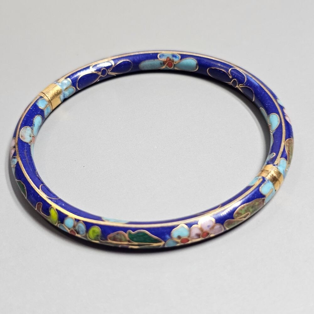 Cloisonné Enamel Floral Bangle Bracelet Blue Pink Gold Flowers Asian Vintage